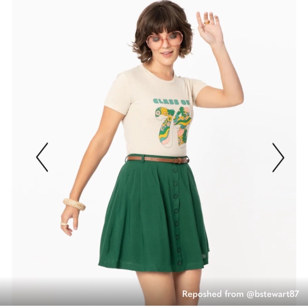 Unique Vintage Green Pleated Mini Skirt with Belt- Fall